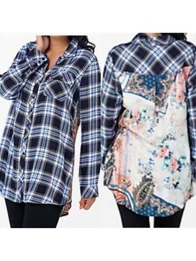 Tolani Collection Plaid Floral Paisley Tab Sleeve Button Down Tunic: Blue